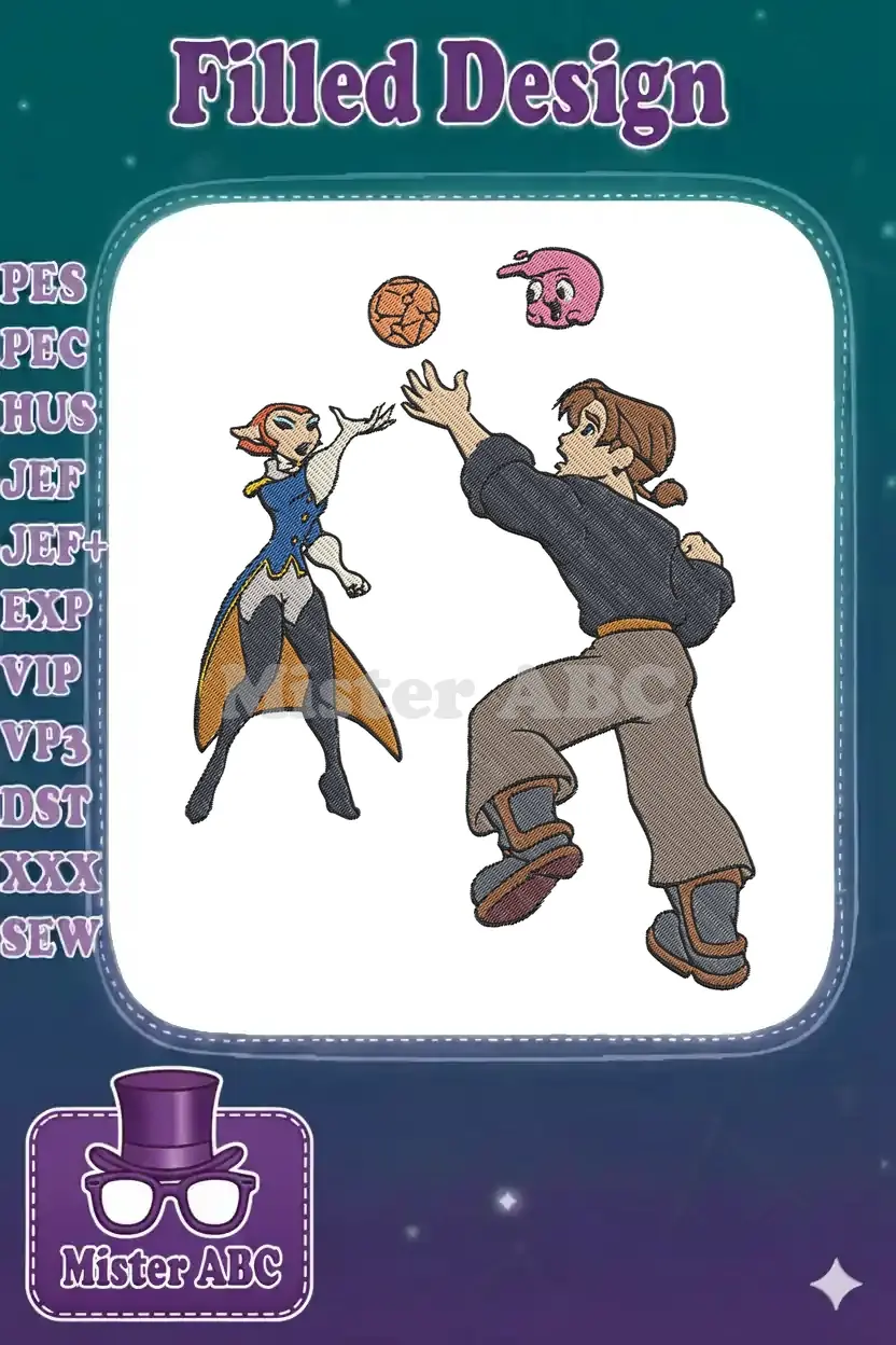 Dynamic embroidery design of Captain Amelia and Jim Hawkins from Treasure Planet reaching for a ball with Morph.
