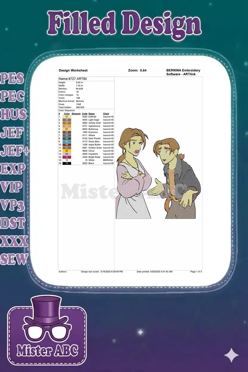 Embroidery design worksheet for '8727.ART80', detailing dimensions, stitch count, color sequence, and Bernina machine format.