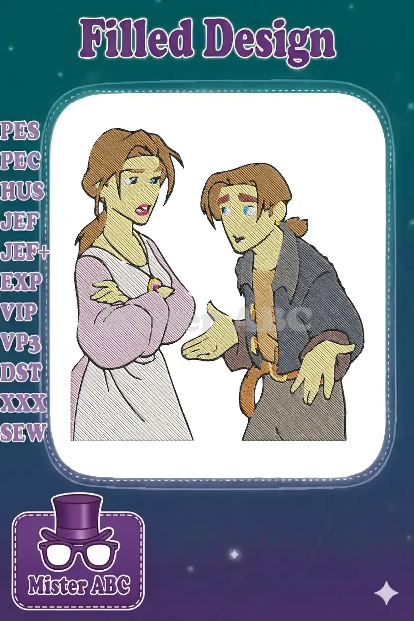 Vibrant machine embroidery of an animated couple, a woman with crossed arms and a man with outstretched hands, in a lively discussion.