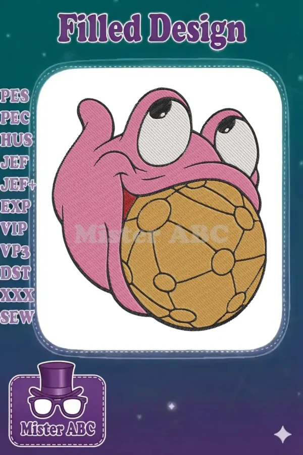 A vibrant embroidery of a pink, starfish-like character with big eyes, happily clutching a detailed golden ball.