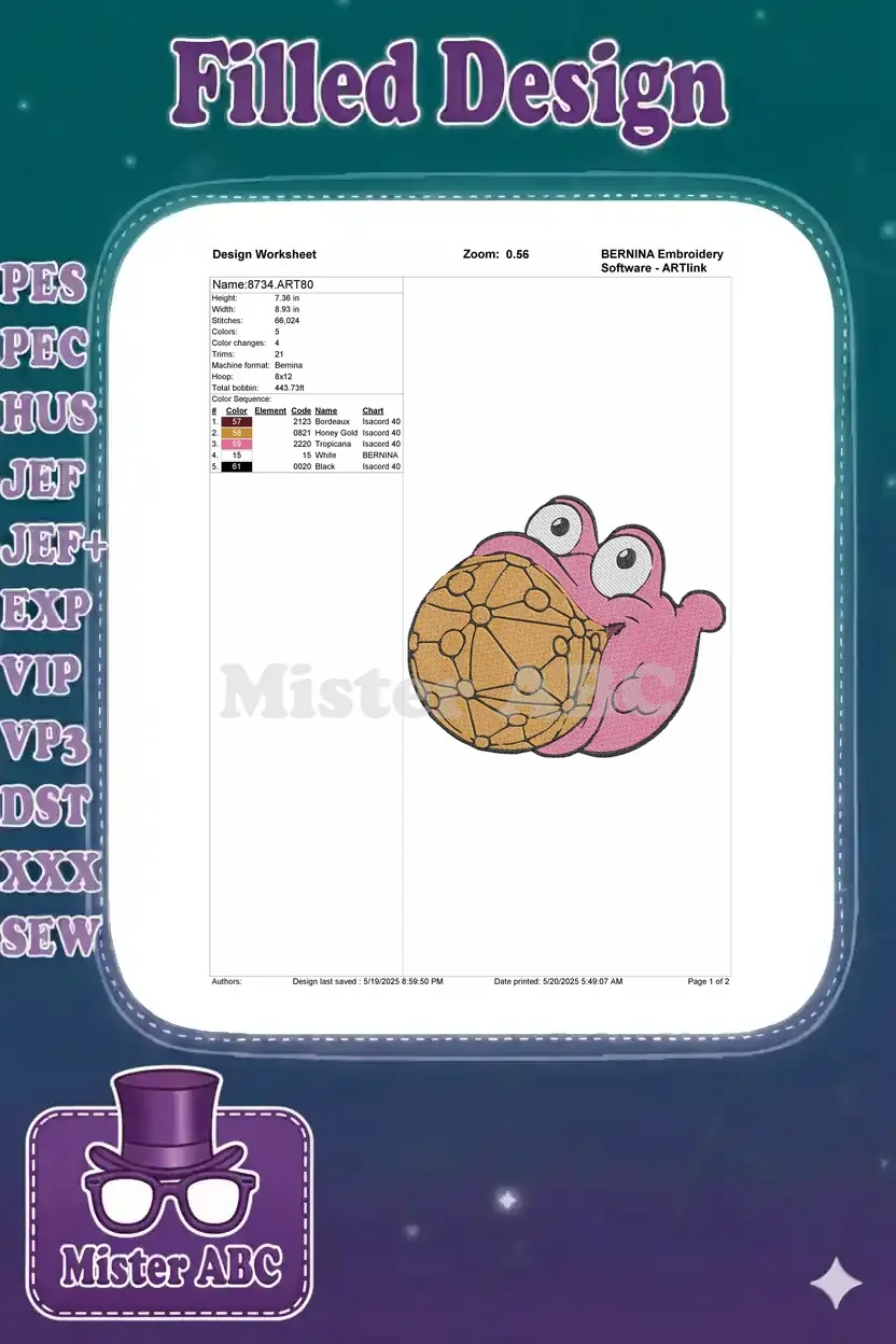 Embroidery design worksheet showing dimensions, stitch count, color sequence, and machine compatibility for the creature.