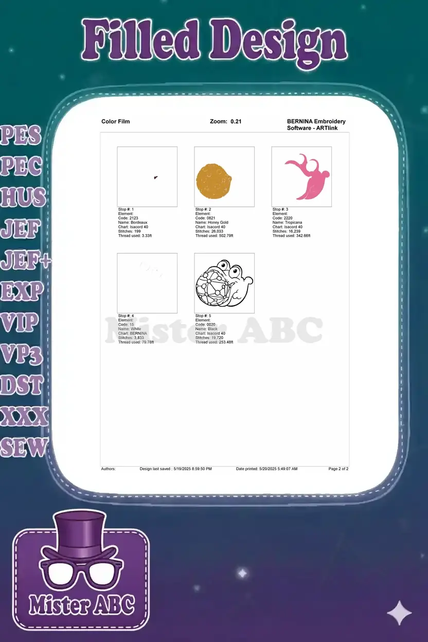 Embroidery color film breaking down the design into five individual stitch-out steps by color layer.