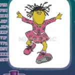 Happy yellow cartoon girl pink dress dreadlocks embroidery designs - Instant Download