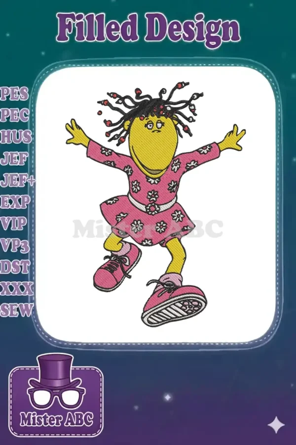 Vibrant embroidery design of Wanda Li from The Magic School Bus, featuring her in a cheerful, dancing pose.