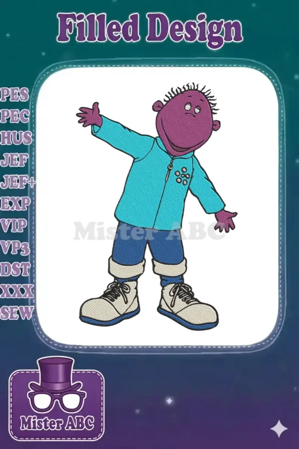 Full-body embroidery design of Milo from Tweenies, featuring his purple face, blue jacket, pants, and sneakers.