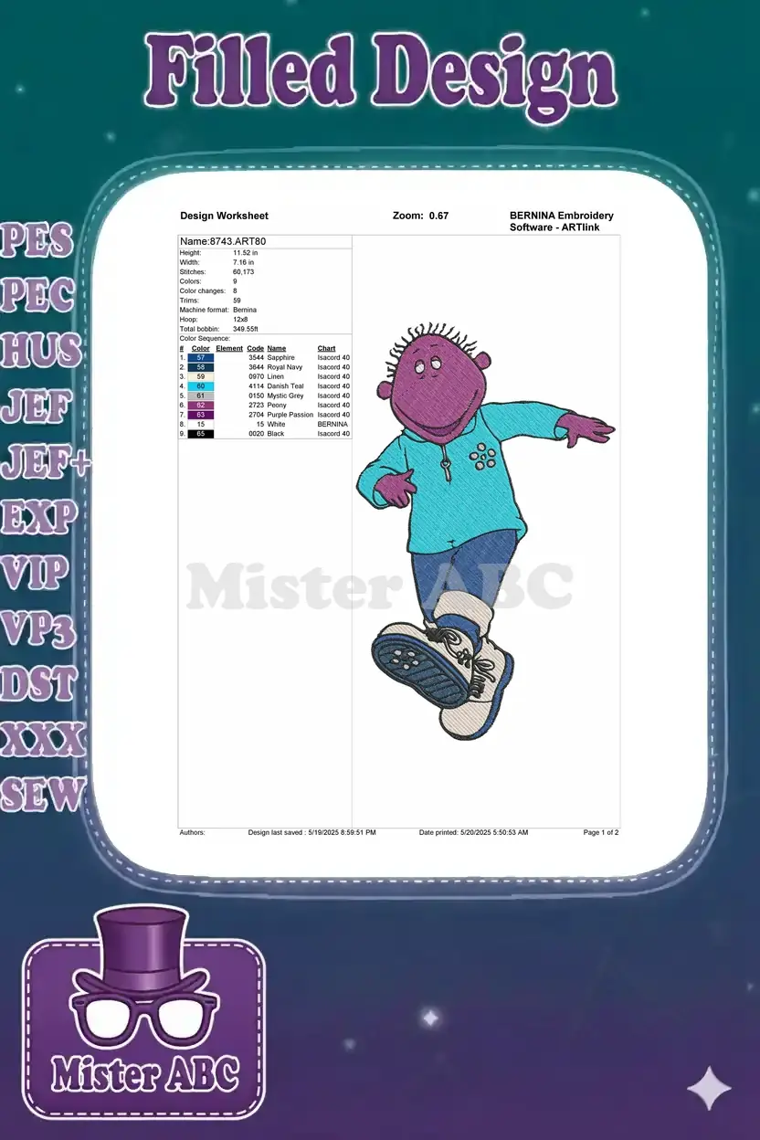 Embroidery design worksheet for Twini, showing dimensions, stitch count, 9 colors, and thread details.