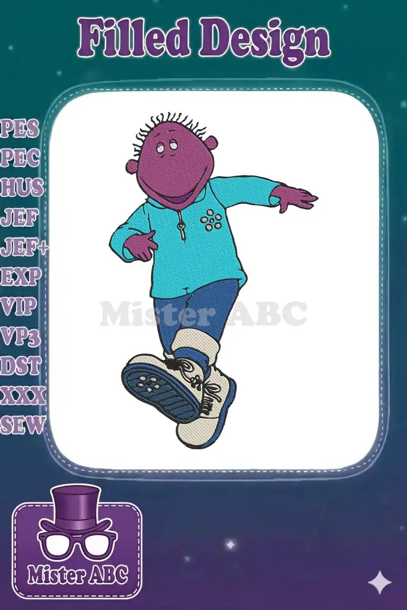Vibrant embroidery of Twini from The Tweenies, featuring purple skin, blue hoodie, jeans, and sneakers.