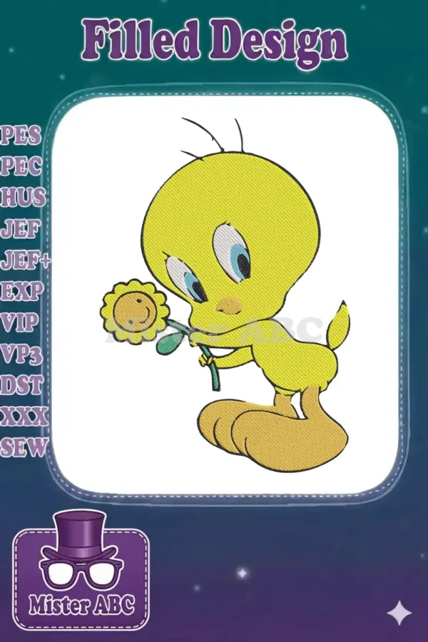 Vibrant embroidery of Tweety Bird holding a bright yellow sunflower, showcasing detailed fill stitches on a white background.