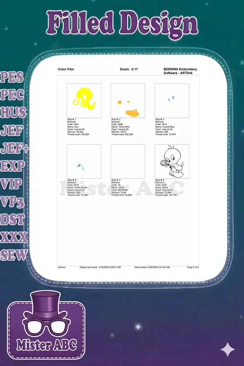 Color film breakdown of the Tweety Bird embroidery design, showing the stitch order for each color element.