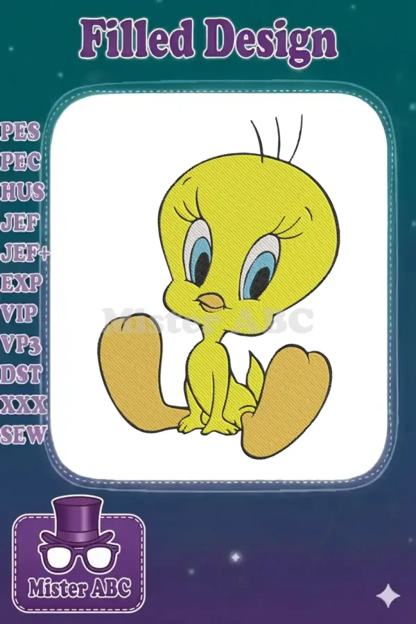 A vibrant embroidery design featuring a cute, sitting Tweety Bird with large blue eyes, stitched in bright yellow and black.