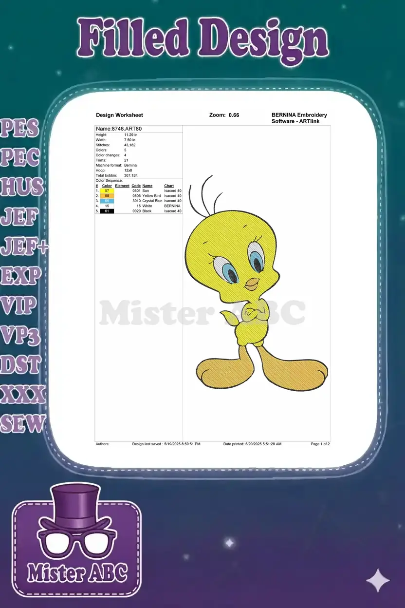 Detailed embroidery design worksheet for Tweety Bird, showing dimensions, stitch count, color sequence, and thread codes.