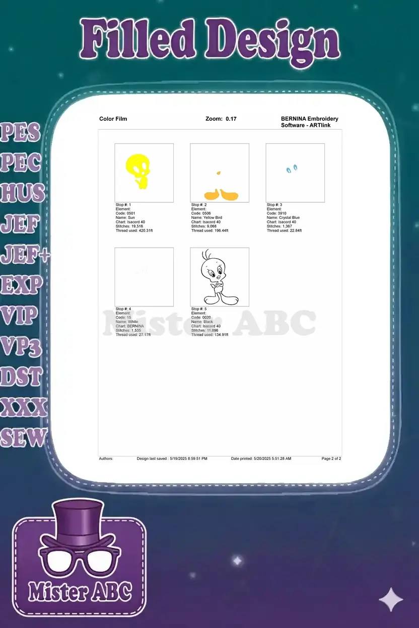 Color film sequence for the Tweety Bird embroidery design, illustrating each color's stitching order and details.