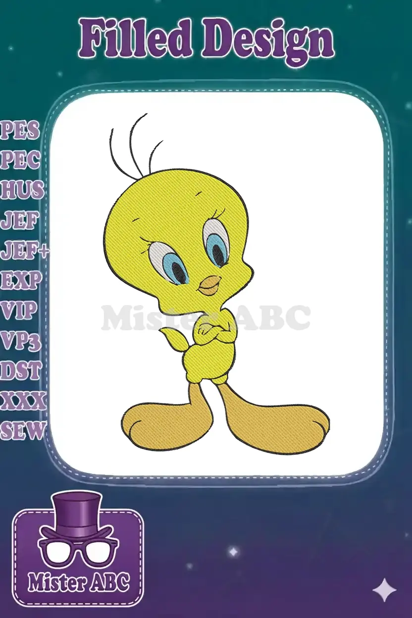 A vibrant yellow Tweety Bird digital embroidery design, featuring the beloved character with arms crossed and a classic pose.
