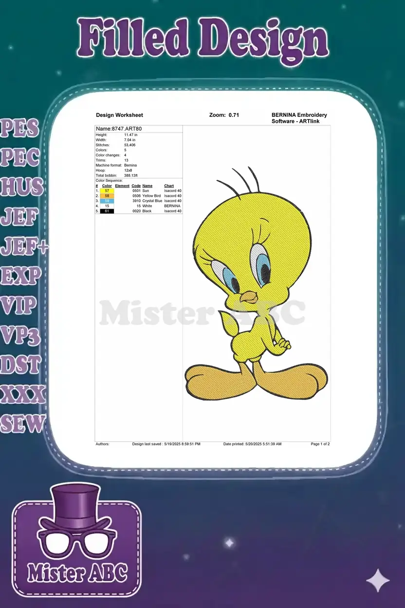 A detailed embroidery design worksheet for Tweety Bird, showing dimensions, stitch count, and color sequence.