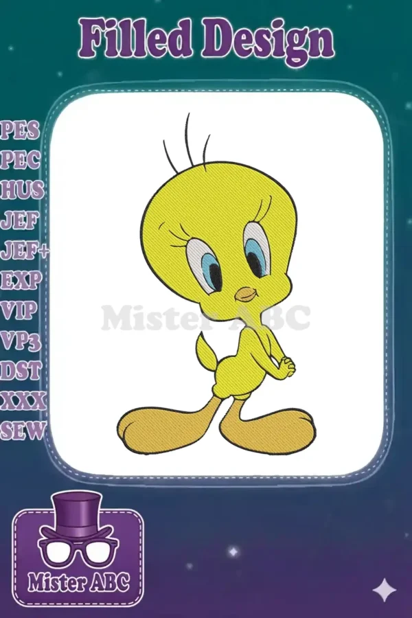 Vibrant embroidery design of Tweety Bird, the iconic yellow canary, looking playful and ready to stitch.