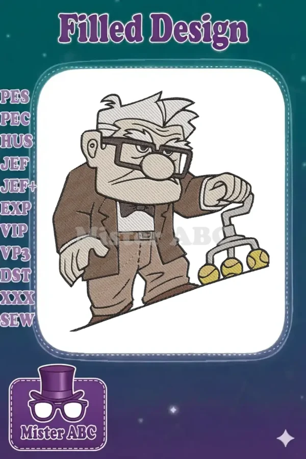 Embroidered Carl Fredricksen from Disney's Up, with iconic walker. Detailed, vibrant, and ready for your projects.