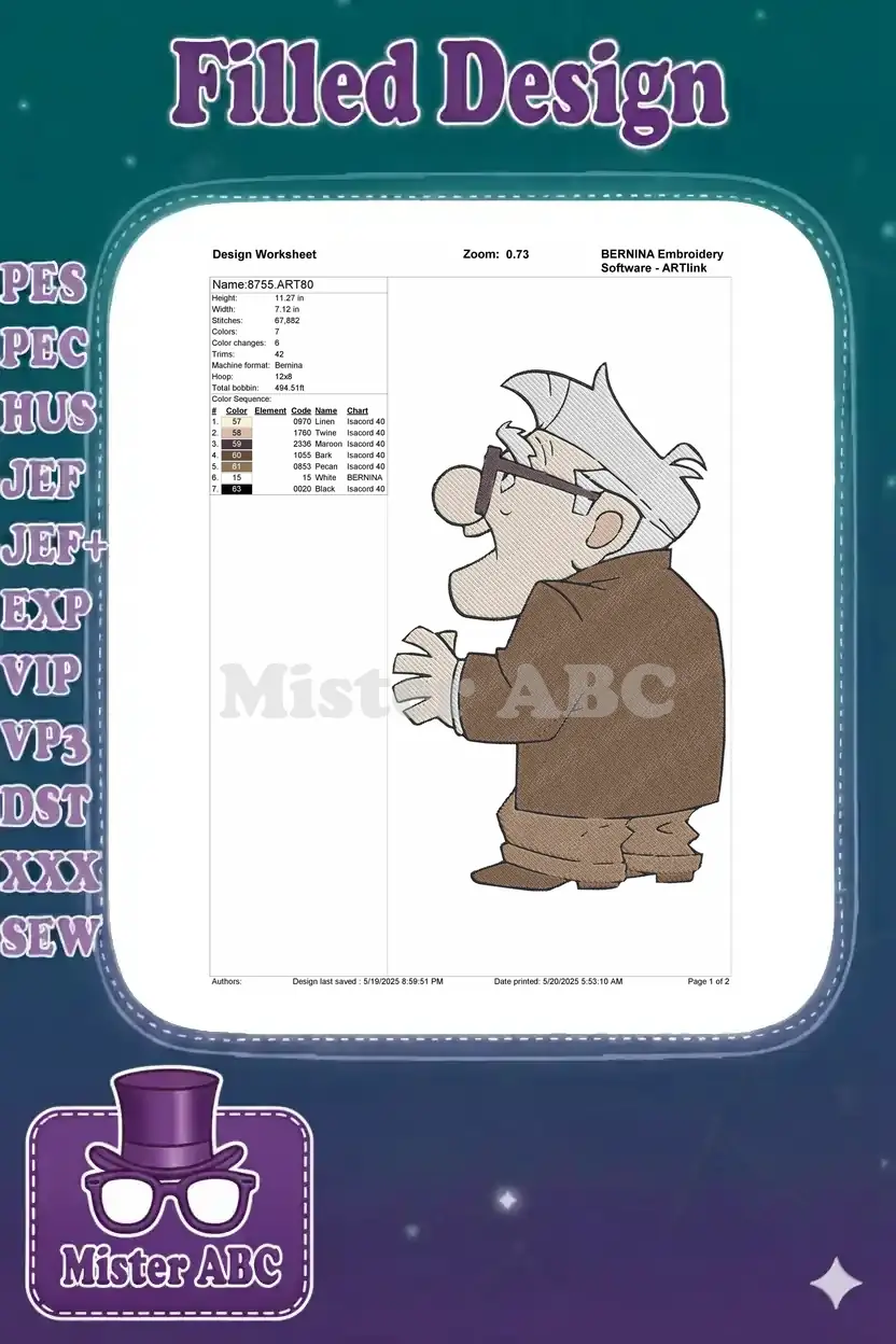 Embroidery design worksheet for Carl Fredricksen, detailing dimensions, stitch count, and color sequence.