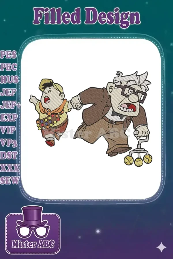 Vibrant embroidery of Carl Fredricksen and Russell from Disney Pixar's Up, running together with a cane.