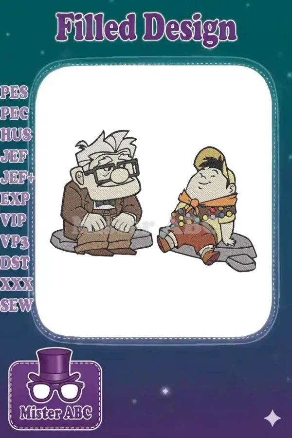 Full-color embroidery design featuring Carl Fredricksen and Russell from Disney-Pixar's 'Up' sitting together.