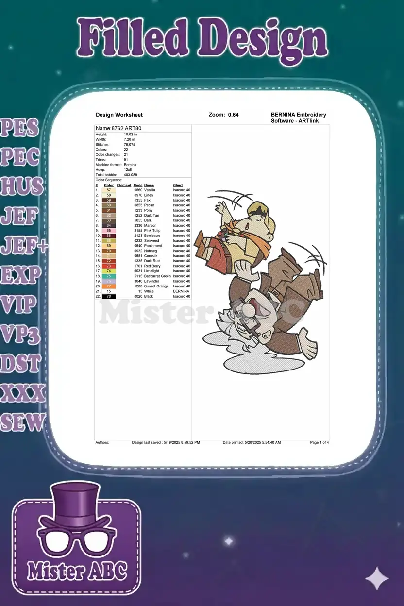 Embroidery design worksheet for 8762.ART80, detailing dimensions, stitch count, colors, and thread sequence.