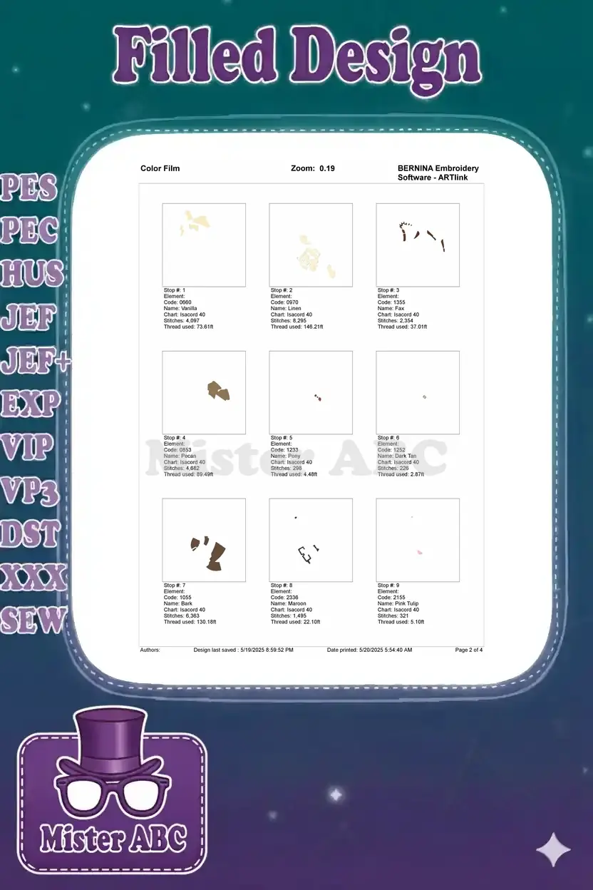 First page of the embroidery color film, showing the initial 9 color stop sequences and thread usage.