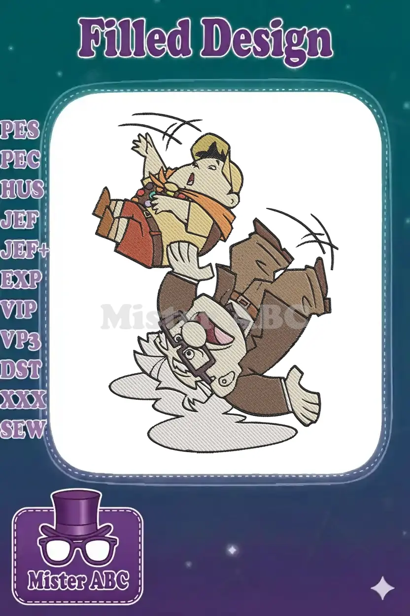 Dynamic embroidery design of Carl Fredricksen and Russell from Disney's Up, comically falling through the air.