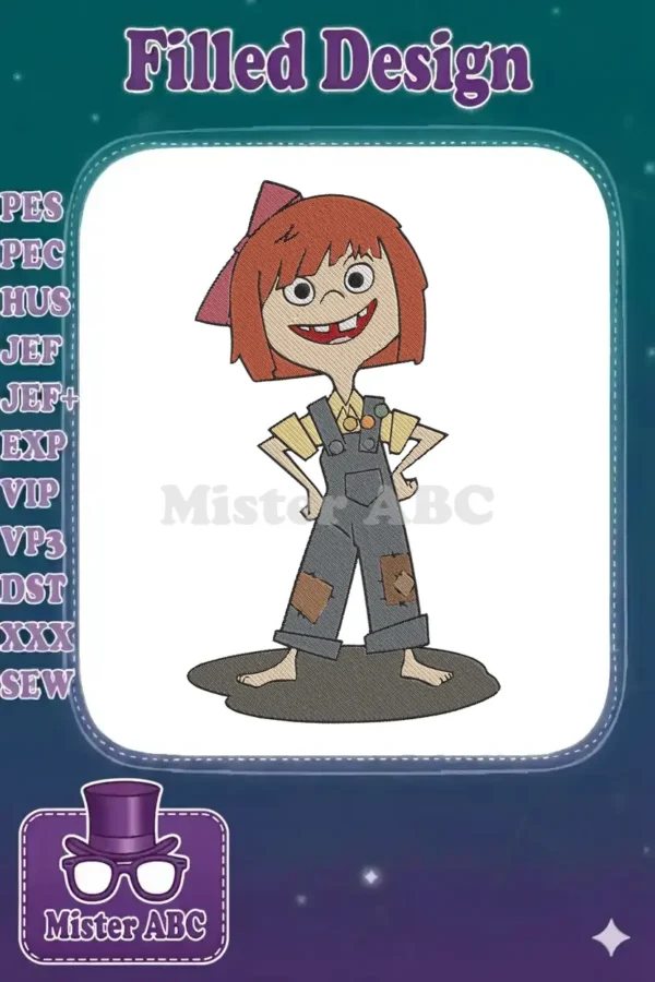 Full-body embroidery design of a cheerful, red-haired character in patched overalls, with a wide, toothy smile.