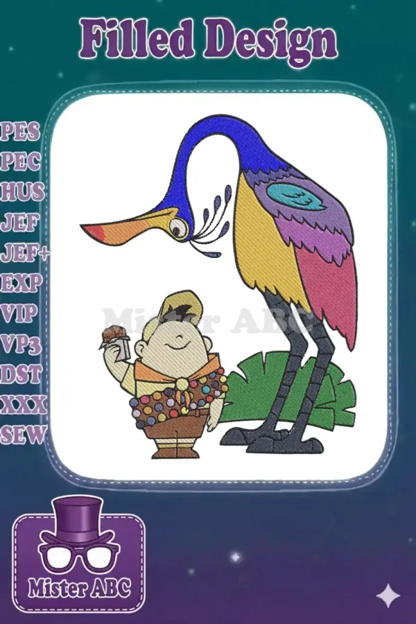 Vibrant embroidery design of Russell and Kevin from Disney-Pixar's Up, featuring bright colors and detailed stitching.