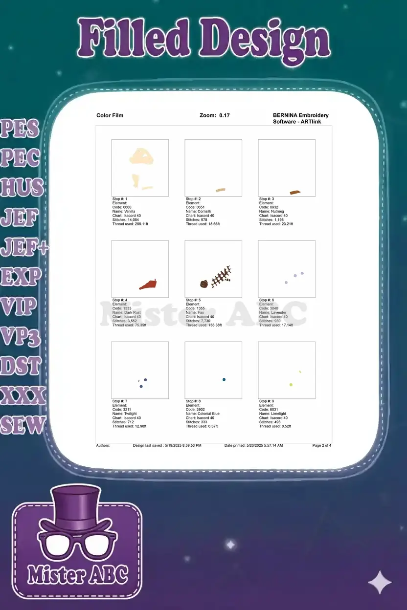 Color film breakdown for the Russell embroidery, showing the first nine color stops and their stitch order.