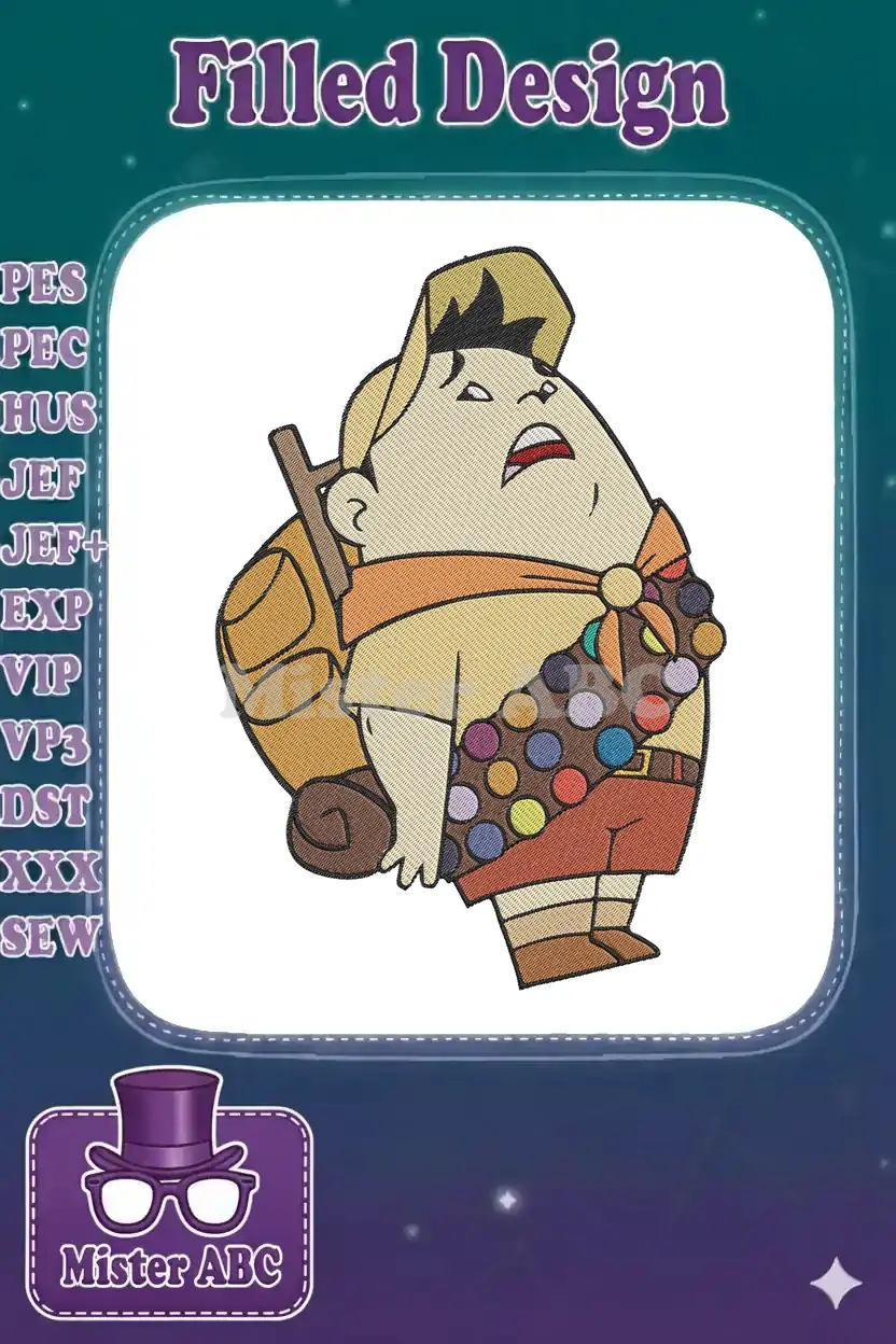 Detailed embroidery of Russell from Disney/Pixar's Up, showcasing his Wilderness Explorer uniform and colorful badges.