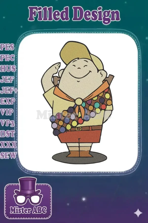 Embroidery design of Russell from Disney's Up, smiling in his Wilderness Explorer uniform with badges.