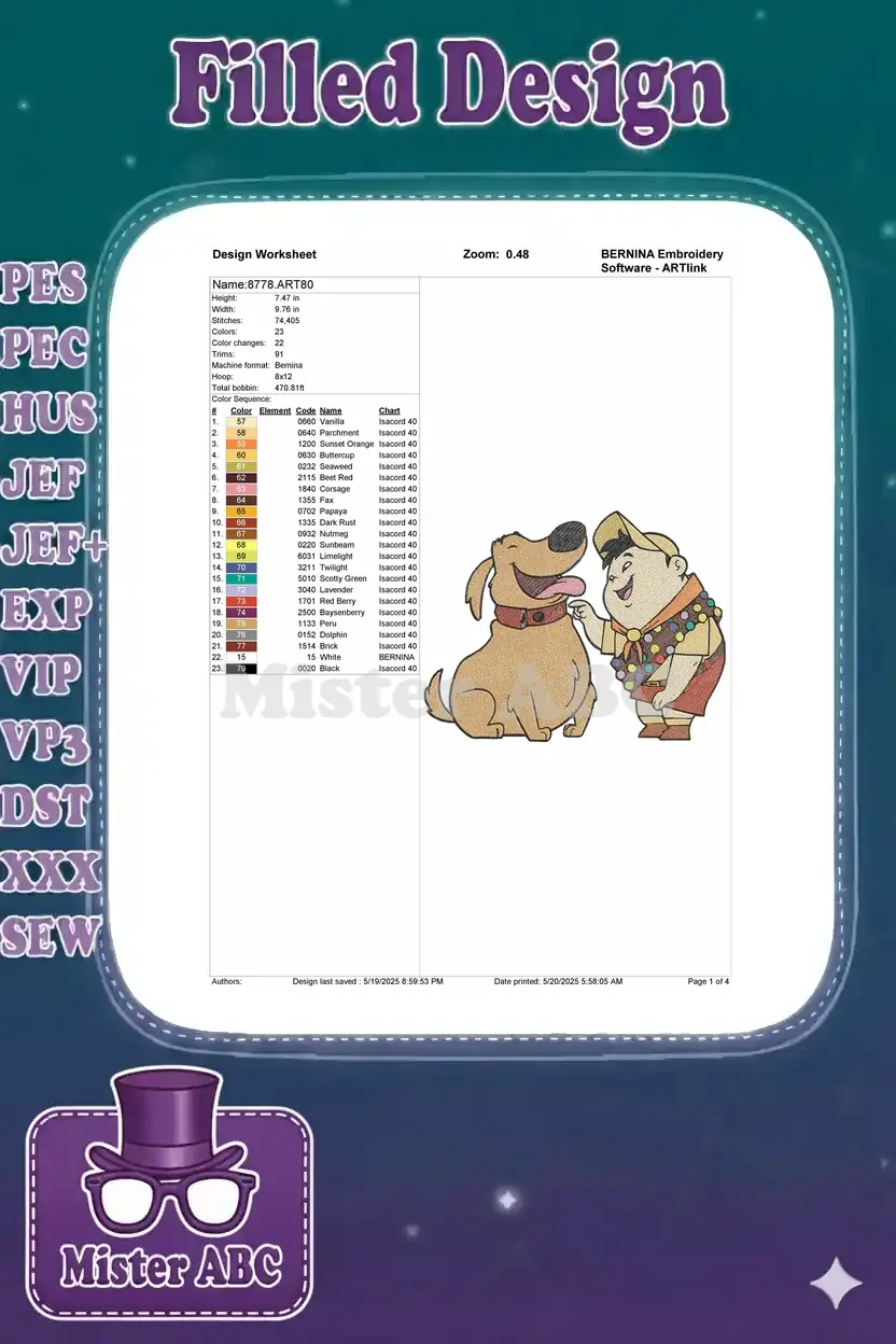 An embroidery design worksheet providing essential details like dimensions, stitch count, color chart, and thread codes.