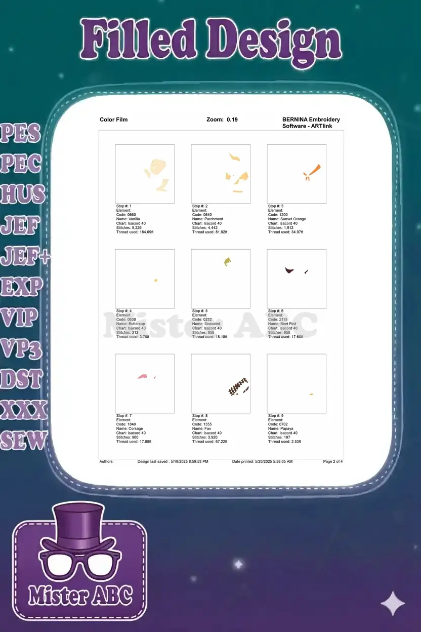 First page of a color film document showing individual embroidery elements, stitch counts, and thread usage per stop.