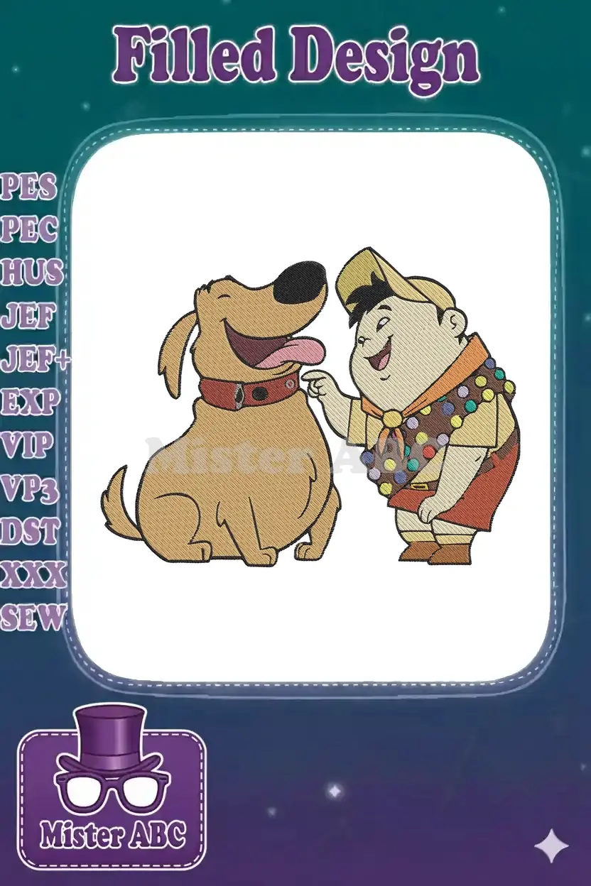A detailed machine embroidery design of Dug the golden retriever and Russell, the Wilderness Explorer, from Disney's Up.