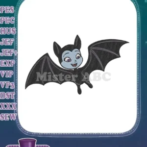 Full-body machine embroidery design of Vampirina, the cartoon bat character, flying with outstretched wings.