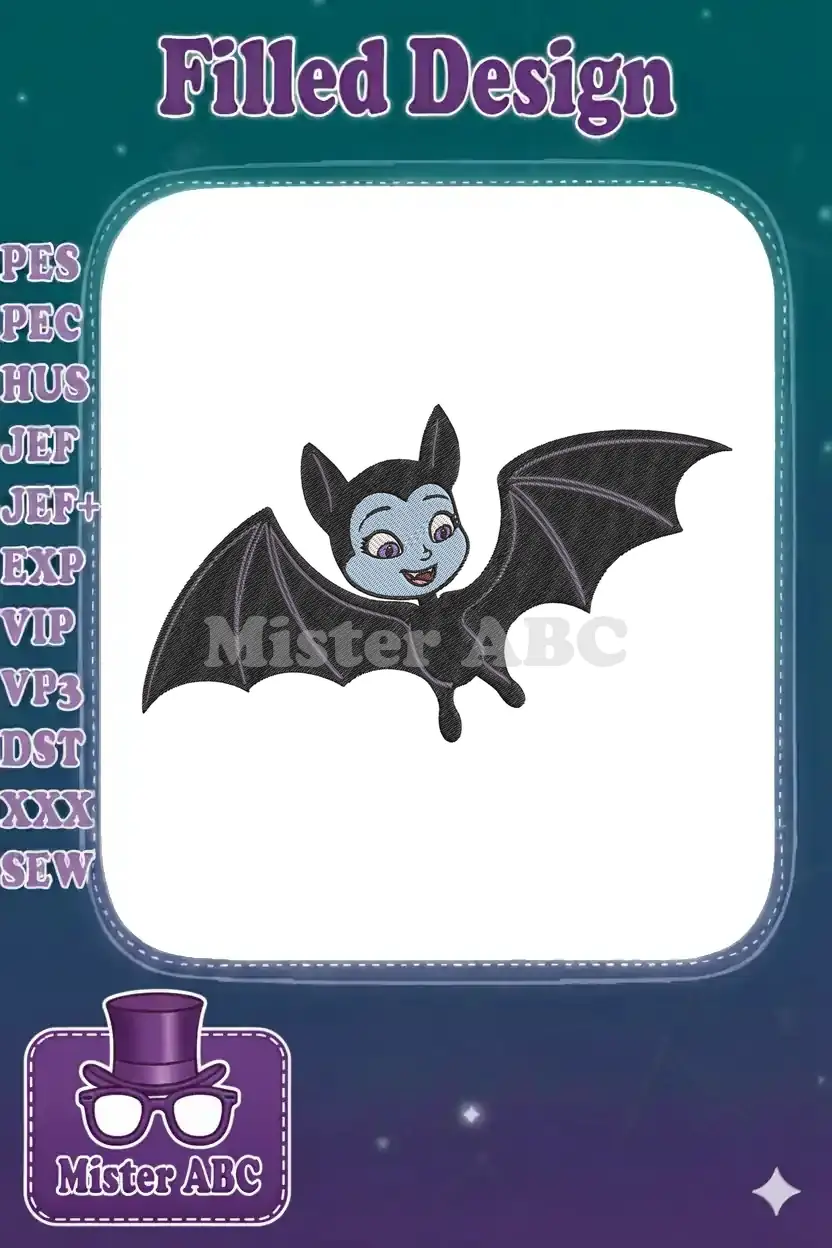 Full-body machine embroidery design of Vampirina, the cartoon bat character, flying with outstretched wings.