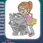 Happy girl and cute gargoyle monster friendship embroidery designs - Instant Download