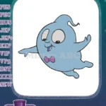 Cute friendly blue cartoon ghost with bow tie embroidery designs - Instant Download