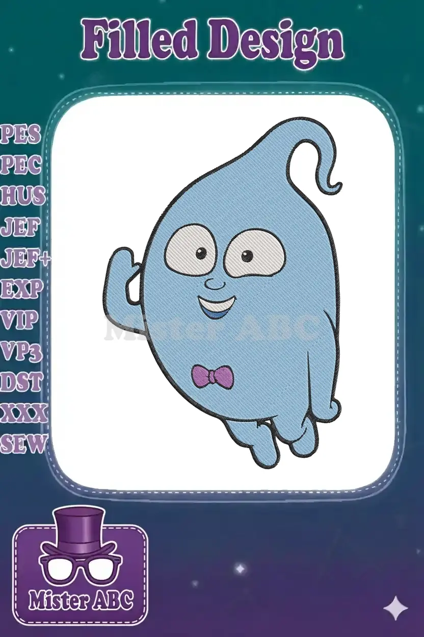 A charming light blue ghost embroidery design with a joyful expression and a purple bow tie, waving cheerfully.