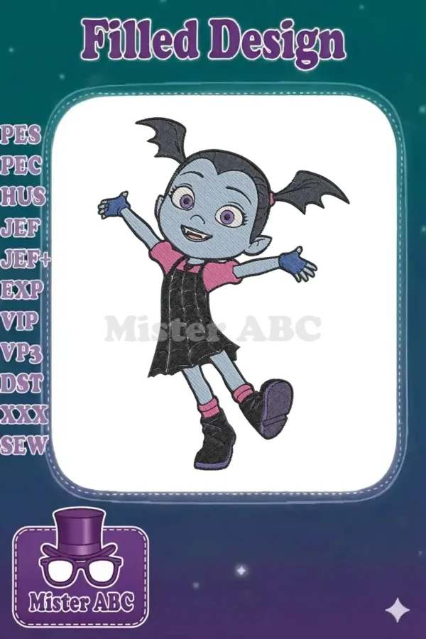A vibrant, detailed embroidery design of Vampirina, the cheerful blue-skinned vampire girl from Disney Junior, arms outstretched.