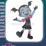 Smiling blue vampire girl bat pigtails spiderweb dress embroidery designs - Instant Download