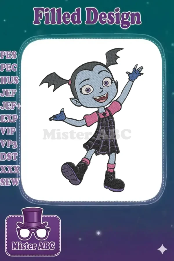 Vibrant embroidery design of Disney Junior's Vampirina, smiling with arms raised, featuring blue skin and a spiderweb dress.