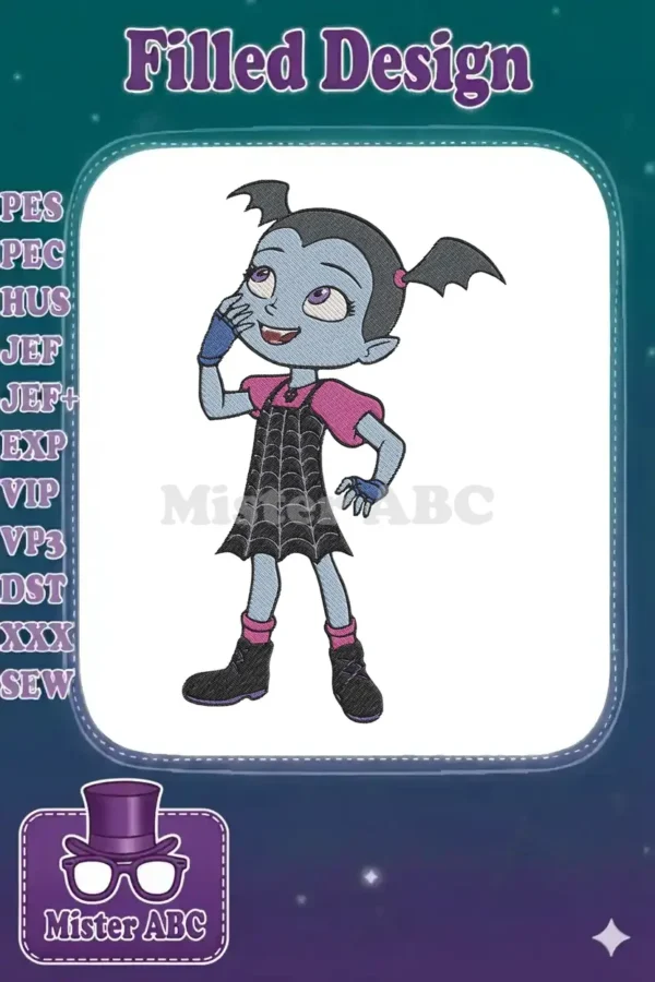 A detailed embroidery of Vampirina, a light blue vampire girl with black pigtails, wearing a spiderweb dress.