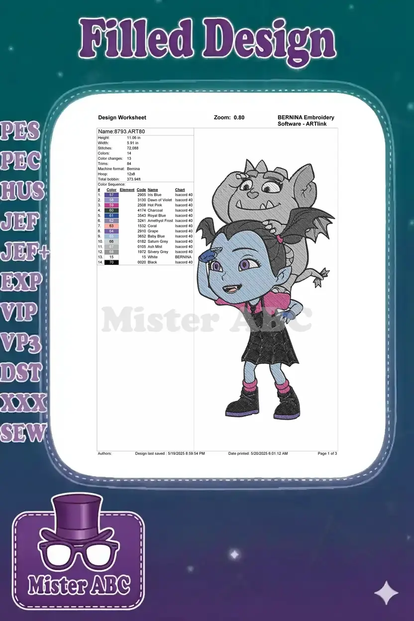 Vampirina embroidery design worksheet with dimensions, stitch count, color chart, and thread details.