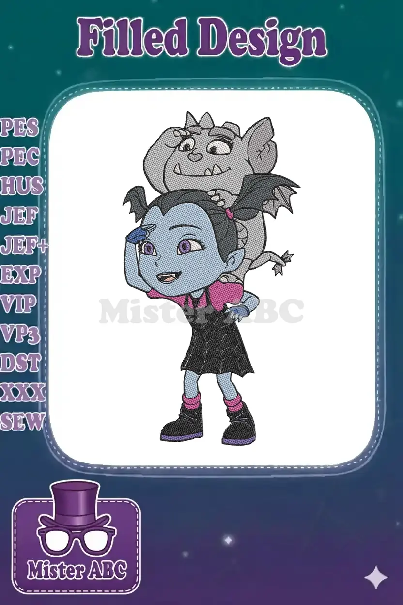 Vampirina and Gregoria embroidery design, featuring the characters in a playful, detailed stitch art style.