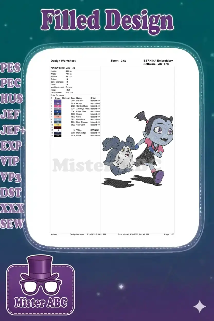 Embroidery design worksheet for Vampirina and Wolfie, detailing stitch count, dimensions, and color sequence for execution.