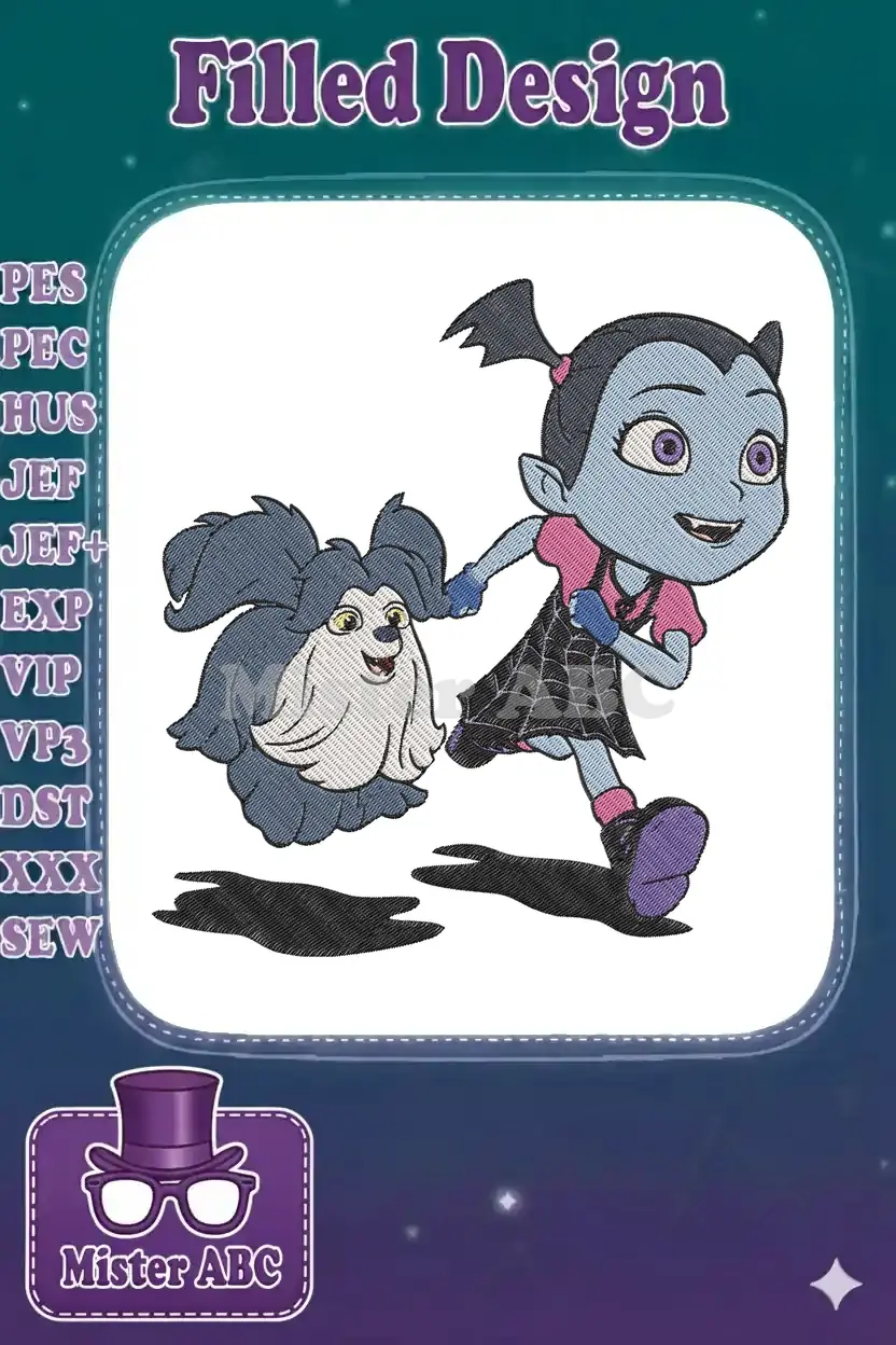 Vampirina and Wolfie embroidery design, a vibrant digital machine embroidery file for fans of the popular animated series.