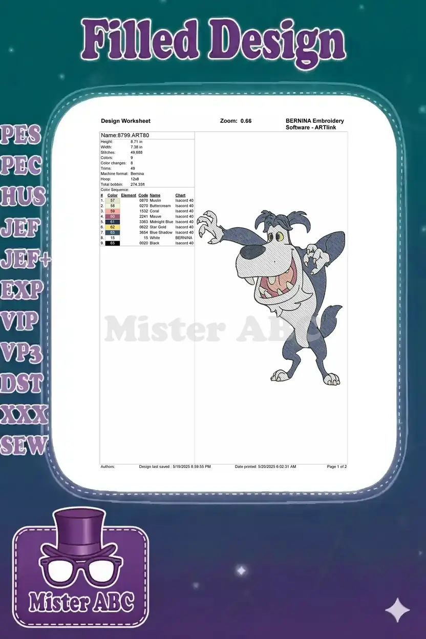 Embroidery design worksheet for 8799.ART80, detailing dimensions, stitch count, colors, and thread sequence.