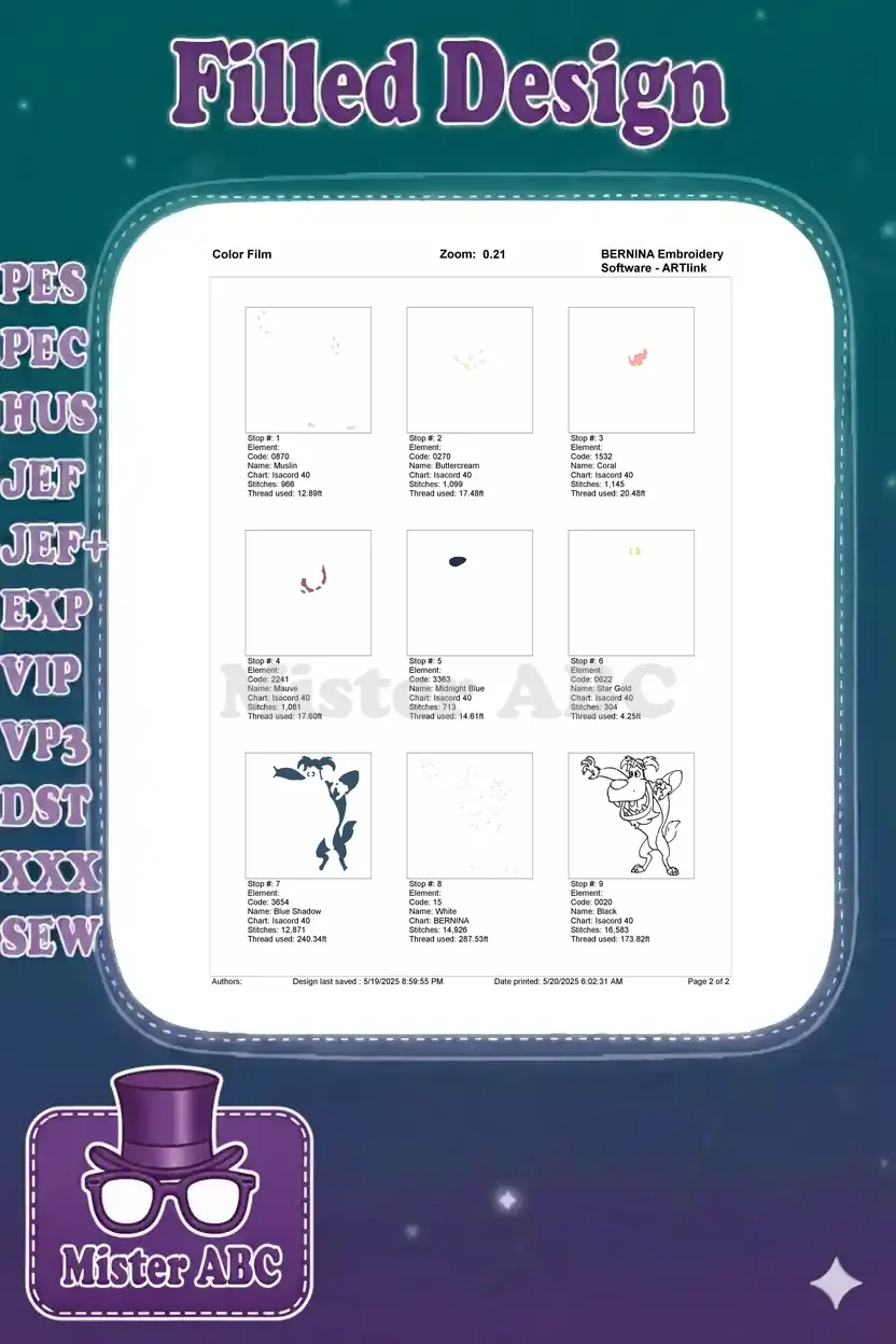 Color film sequence for the 8799.ART80 embroidery design, showing each stitch stop and thread usage.