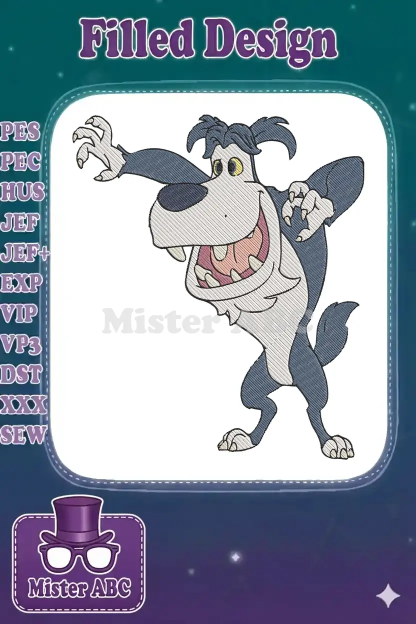 A dynamic embroidery of a grinning cartoon wolf, standing with arms spread, showcasing detailed fill and outline stitches.